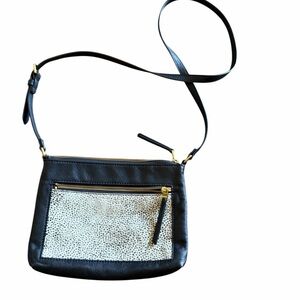 Fossil Leather Crossbody Bag Black White Gold Hardware Adjustable Strap